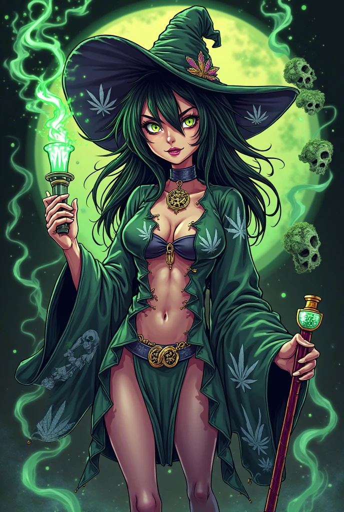 Vector t-shirt, Print-ready colorful graffiti, Illustration of a beautiful women kind of Halloween witch, wearing a big witch hat and Emerald dress, action shot, Halloween, high detail, black background