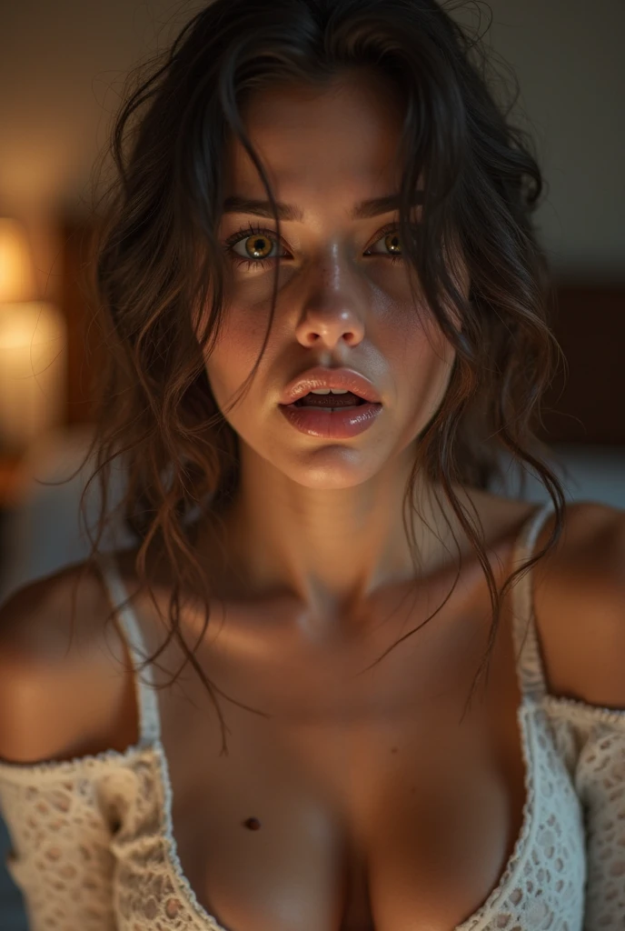 (detailed skin:1.2),(shiny skin:1.1),8k,best quality, masterpiece, ultra high res,(photorealistic:1.4), RAW photo,(soft saturation:1.3),(fair skin:1.2),(1woman,19yo), Mix 4, (16K, RAW Photos, Best image quality, masterpiece: 1.45), (Realistic, Realistic: 1.37), One Girl, cute, Professional Lighting, score_9, score_8_up, score_7_up, score_6_up, high resolution, expressive, short hair, messy hair, blue eyes, nude, open lips, open mouth, best quality, official artwork, ultra high resolution, sweat, sweaty, wet hair, skinny, pelvis, thighs, hands covering breasts, volumetric lighting, night, dark, candlelight, from above, convenient censorship