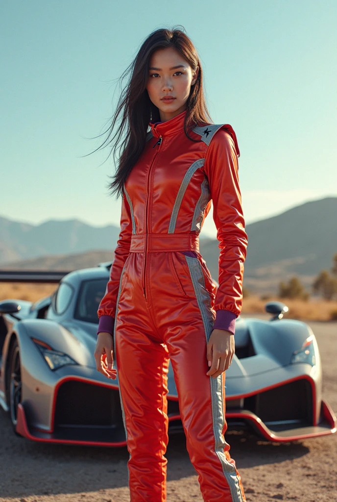 In this dynamic photograph, an Indian Instagram model captivates with her bold, fierce look. She dons a sleek, form-fitting F1 racer dress in fiery pink, blacks, and whites, complete with sponsor logos and fingerless racing gloves. Her dazzling, voluminous hair adds glamour, contrasting with the structured outfit. Her makeup is dramatic, enhancing her intense gaze and smirking expression. Posing confidently with a hand on her hip, she exudes power. Cinematic lighting highlights her glossy dress and flowing hair, set against a blurred, urban racing background, creating a striking fusion of fashion and motorsport.