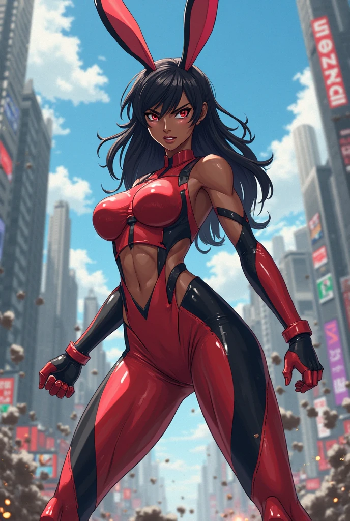 (((Simon Bisley))), (((flag))), (muscular), Mature woman 35 years muscular beautiful, (((black African woman)))), (((afro hair)))), giant robot pilot, wild with perfect body, bare thighs, black hair, wearing little clothing, dark blue clothing with white stars, red with white stripes, tiny thong, hoarse with the colors of the United States flag, sensual pose, large breasts, technological scenery