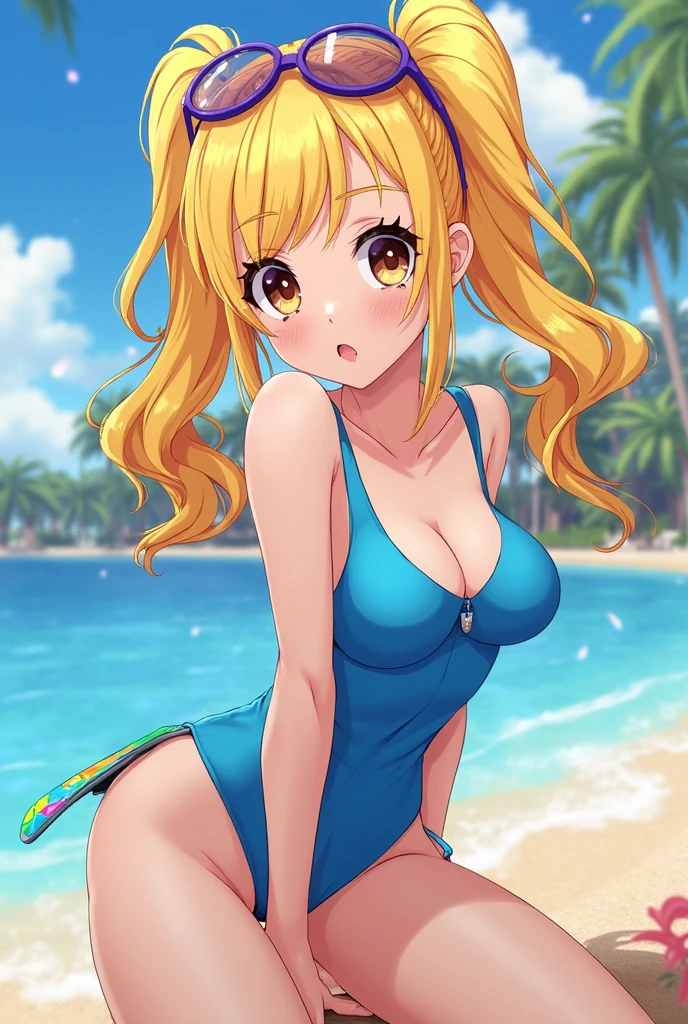 score_9, score_8_up, score_7_up, source_anime, eliayase, 1girl, solo, eli ayase, yellow hair, blue eyes, blush, closed mouth, smile, ponytail, hair ribbon, bare shoulders, bare back, large breasts, cleavage, blue halterneck string bikini, ass, striped blue side-tie string bikini bottom, looking at viewer, from behind, kneeling, all fours, simple background, white background,