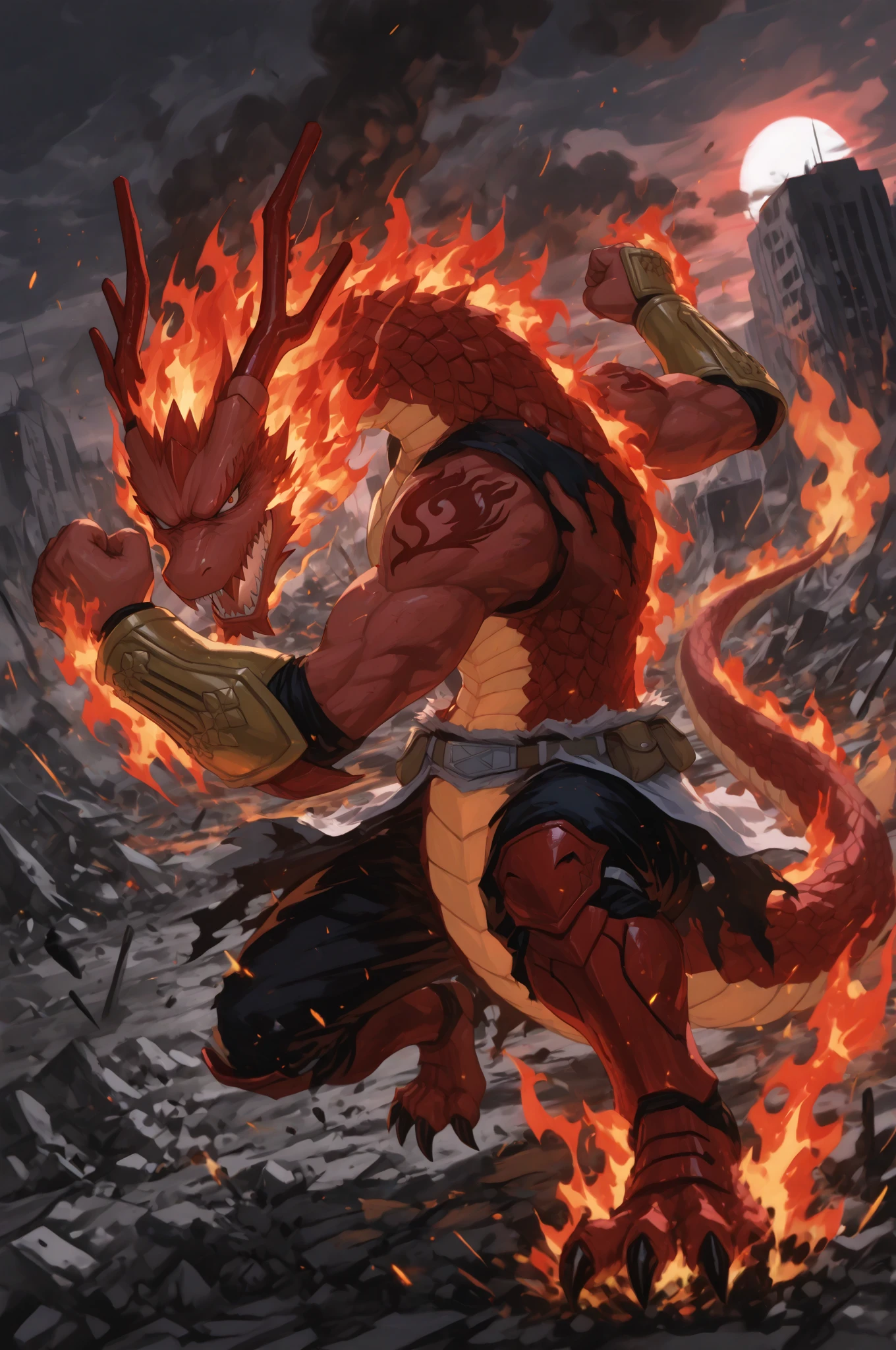 On the counter of a store filled with glowing potions，A giant dragon dressed in tight medieval clothing，There is a huge bulge，Greet you with a welcoming smile，side view