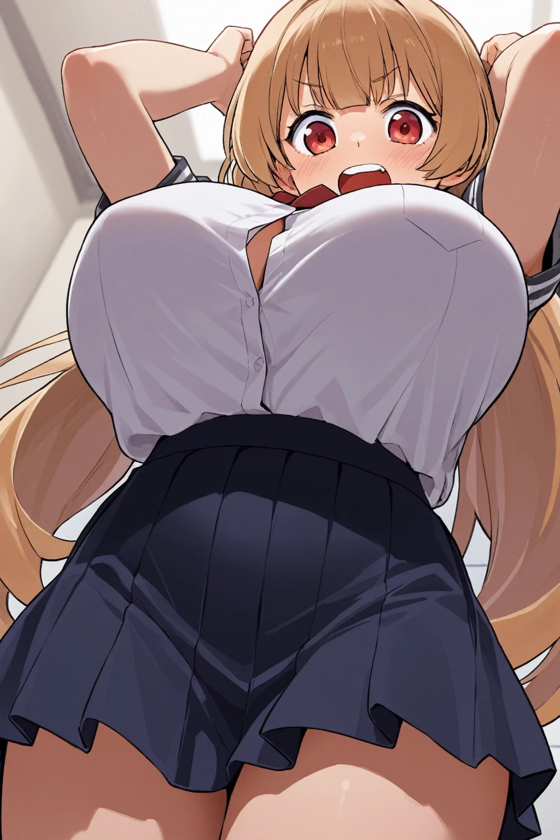 one girl, white blouse,hotpink striped panties,boobs,tall of a person,thin,sharp eyes, beautiful face,slender face,on all fours, flushed cheeks, embarrassed,closed eyes,open mouth,short bob,wave hair,gold hair,blue eyes,indoor,on the bed,masterpiece, extremely fine and beautiful, illustration, anime, black thick outline, licking each other, from below