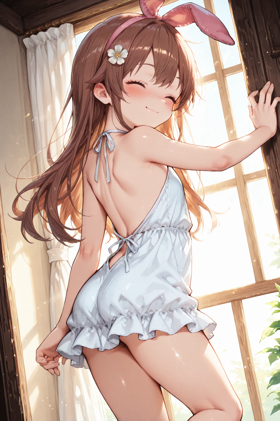 1 girl, bob, center part, forehead, brown hair, piercing, brown eyes, seductive smile, blush
BREAK (masterpiece), (high resolution 8K), detailed eyes and face, detailed body, 
BREAK  (virgin killer sweater:1.3), (sweater dress:1.2), ribbed sweater, sideboob, turtleneck sweater, (white sweater:1.3), back cut, looking back, arched back, 