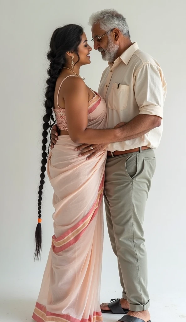 hot curvy white milf with long single plaited hairstyle, big breast, big hip, very big ass, thick thighs, perfect body, woman wearing saree, looking at camera, tall man and short woman, in white room, man with short side fade hairstyle, muscular body, beard, looking at camera, looking at camera