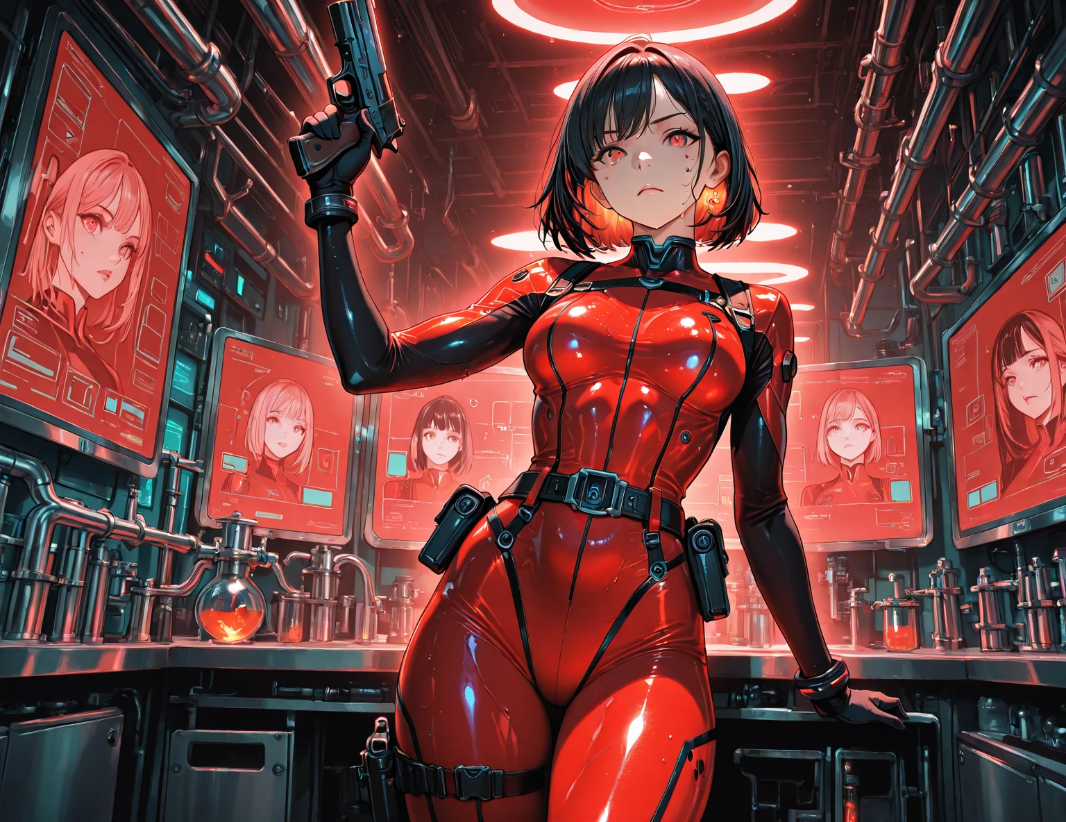 ((masterpiece))，(The best quality at its best)，(Half Body)，(Very sophisticated)，(Highest quality)，(8k)，(Clean Lines)，(Perfect Face，Perfect meat)，(Official Art)，Cyberpunk characters，Cyborg Girl，Droid，doll，Artificial Dollsil，short silky black hair，(Godless Students)，(Simulate skin)，Science and technology sense，Research Room，((Poor Milk))，Slim waist，Soldier, Cute way to sit,