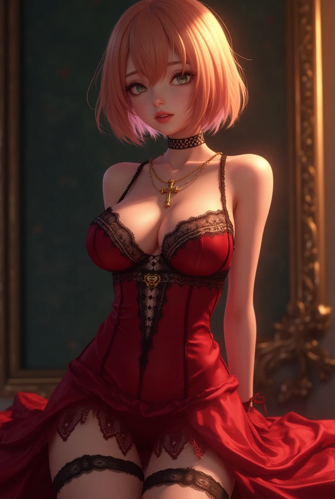 (A beautiful 25 years old female model), (short pink hair), (busty cup size), (pale skin), (detailed oily and sweaty skin), (wearing pink and black dress with batik ornate), (candle-lit temple at night), sexy pose, (chiaroscuro lighting), photo realism, intricate face detail, intricate hand details, highly detailed, vibrant colors, cinematic, 8k, trending on Artstation--style raw