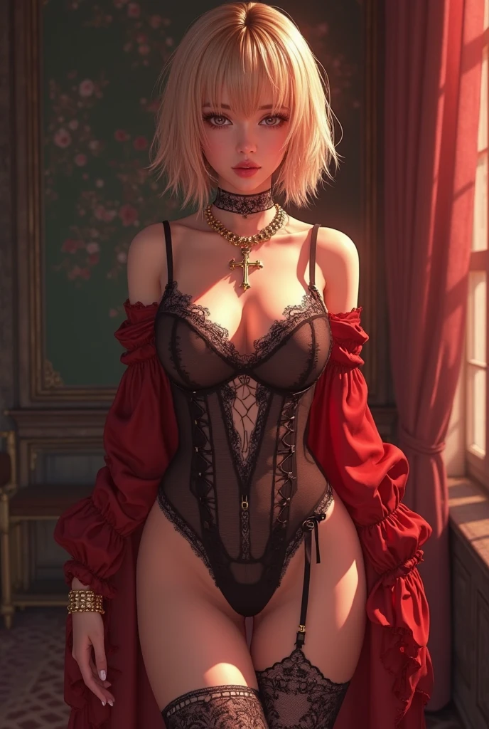 24-year-old female、Wearing sexy lingerie with lace decoration and a sense of transparency、Wear garter stockings、Navel visible、Breasts are visible through the skin、long hair、Hair becomes wavy、Silver Hair、Place your hands on your hips、sexy pose