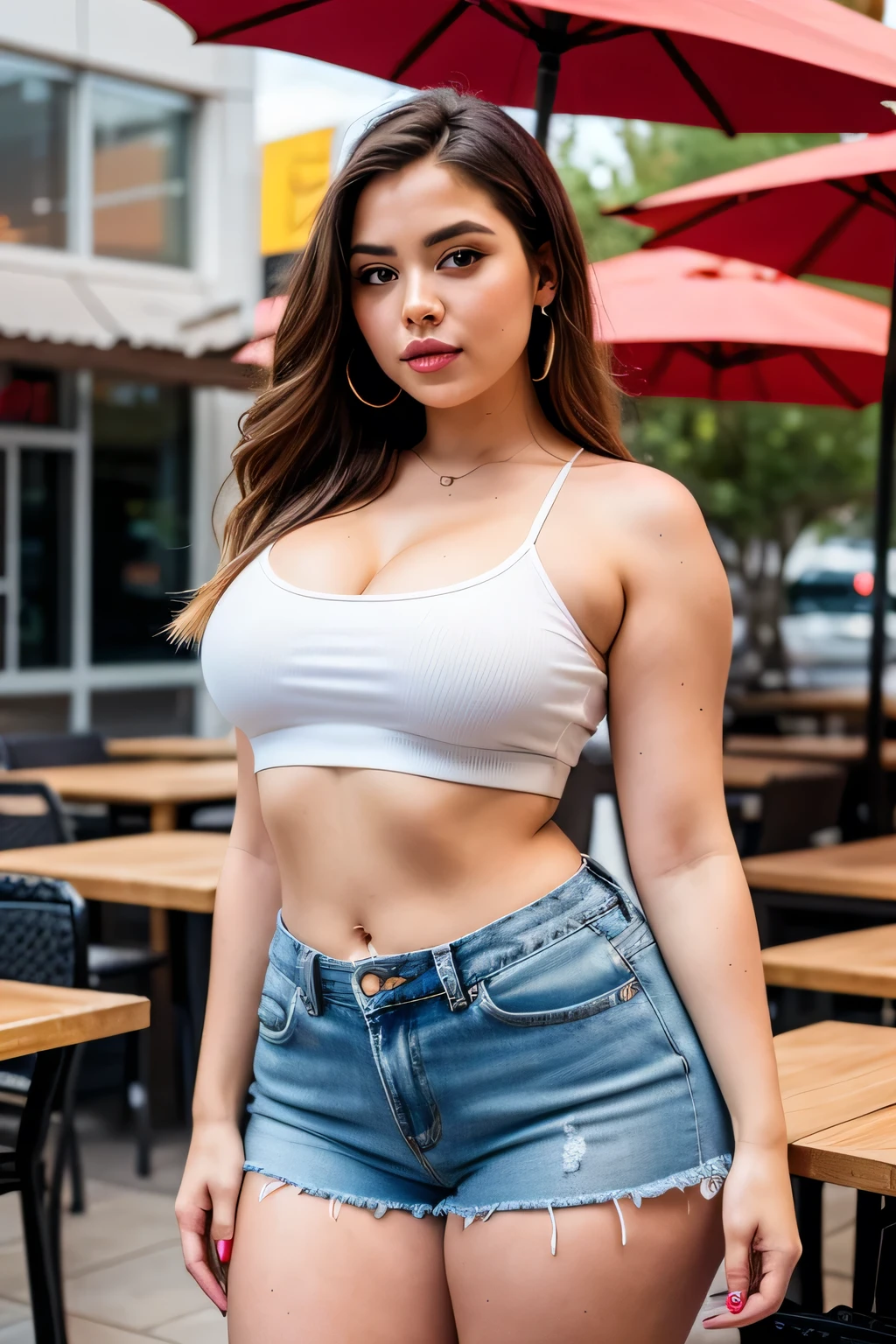 Gorgeous and sultry busty athletic (thin) brunette with sharp facial features wearing a (Hooters uniform), white tank top, "Hooters", orange minishorts, notepad, restaurant