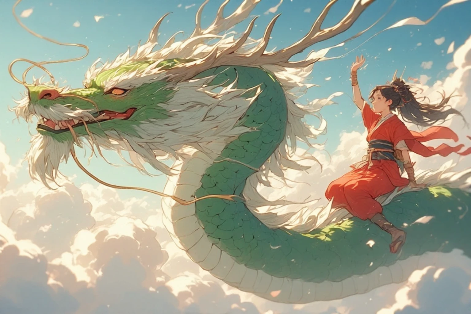 chinese dragon, 1girl, chinese clothes, closed eyes, black hair, open mouth, dragon, long hair, smile,riding on the dragon's head, auspicious clouds, sky, palace, new year, teeth, <lora:æ°æ¥-é¾ä¸å°å¹´_æ°æ¥-é¾ä¸å°å¹´:0.7>