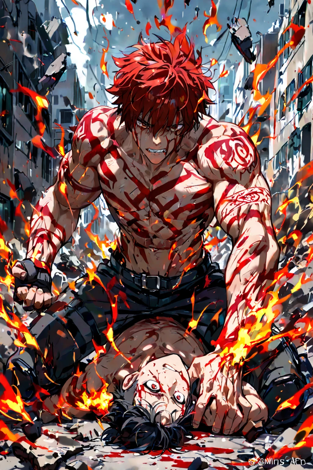 1boy, headband, jacket, scarf, gloves, pants, flexing, angry, open mouth, screaming, (punching:1.1), metropolis, day, spotlight, hard light, from below, foreshortening, solo, focus, extremely muscular masculine character, flame hair, huge bulge, 8 pack abs, erotic,
