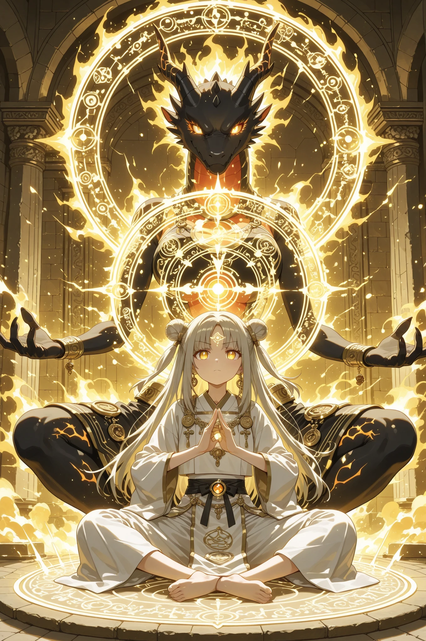 Elden Ring、An intricate golden coat of arms、Dark Space、Golden Giant Tree、A woman in a white hood praying