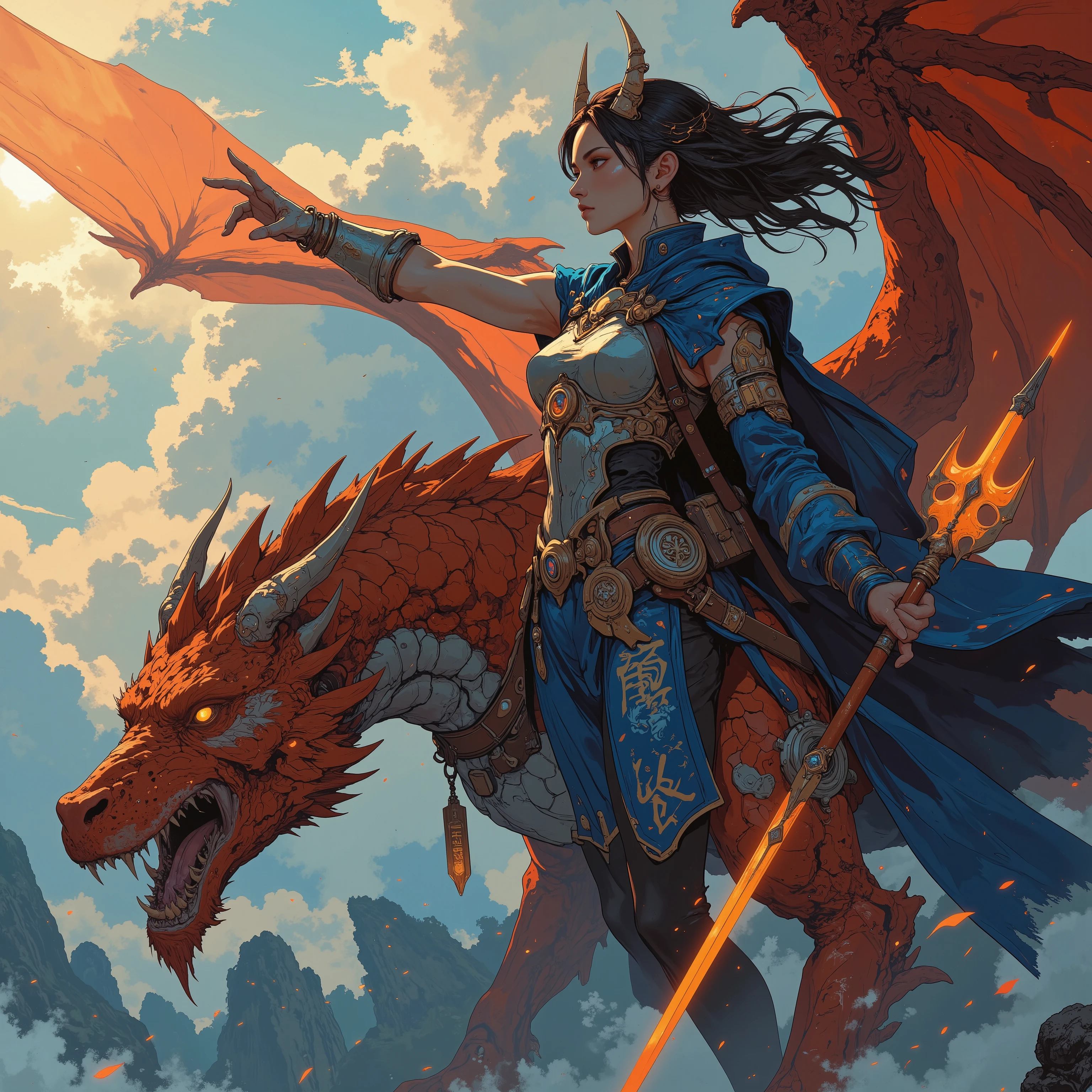 (masterpiece, best quality, ultra-detailed, 8k), dragon lord princess theme, majestic red scaled dragon with large dynamic wings, her body about half the size of the dragon, wearing luxurious dragon-scale-inspired dress armor, detailed silver and blue plate with sapphire embroidery, ornate horned headpiece resembling a dragon's crown, fierce yet graceful expression, face slightly turned away from the camera, vivid gold eyes in sharp focus, embroidered sapphire-blue cloak fluttering in the wind, hair flowing naturally, spreading her arm to raise a legendary spear with glowing runes, dynamic flying pose above the panoramic sky view, sunlight flaring behind them (vanishing point on the sun), intense depth of field, dramatic lighting from the back, motion blur on dragon wings, radical composition, ideal heroic body proportions, atmospheric clouds and wind currents, sense of movement and high fantasy