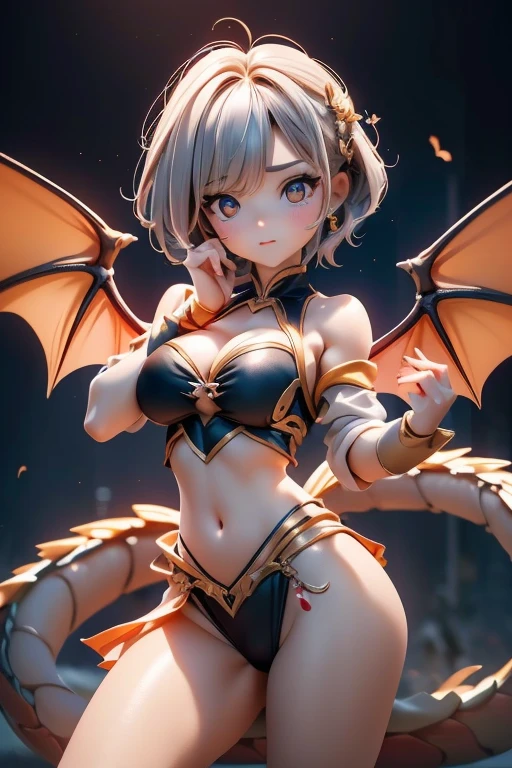 all Intricate details: "(cowboy shot, master piece, anime style, Extremely beautiful woman, 18 years old, cute whit intricate details, symmetrical face, focused all body, torn very tight thin clothes, perfect body, dragon wings, evil and very angry, flying with a dark background of an erupting volcano, In the distance there is another beautiful human woman and perfect body asking for help with clothes torn and discarded by the fire)"