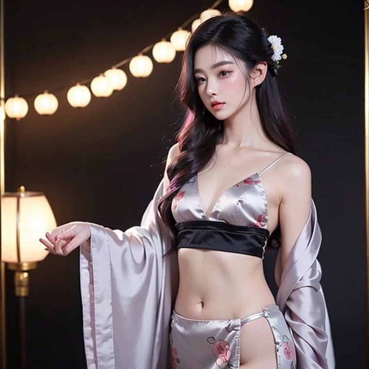 25-year-old urban fashion girl, transparent underwear with B cup tattered and tattered forks, clothes exposed by forked transparent navels, flat abdomen, wheat complexion, willow eyebrows, red phoenix eyes. Lie in bed. Wet tight clothes, long legs, exposed shoulders, exposed whole body.