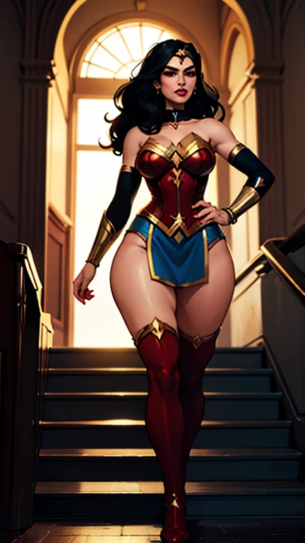 Wonderwoman,(((1girl))),((cute and beautiful wavy black haired girl)),((((greek race)))), red and gold wonderwoman costume
(Large breasts:1.4),saggy breasts,
