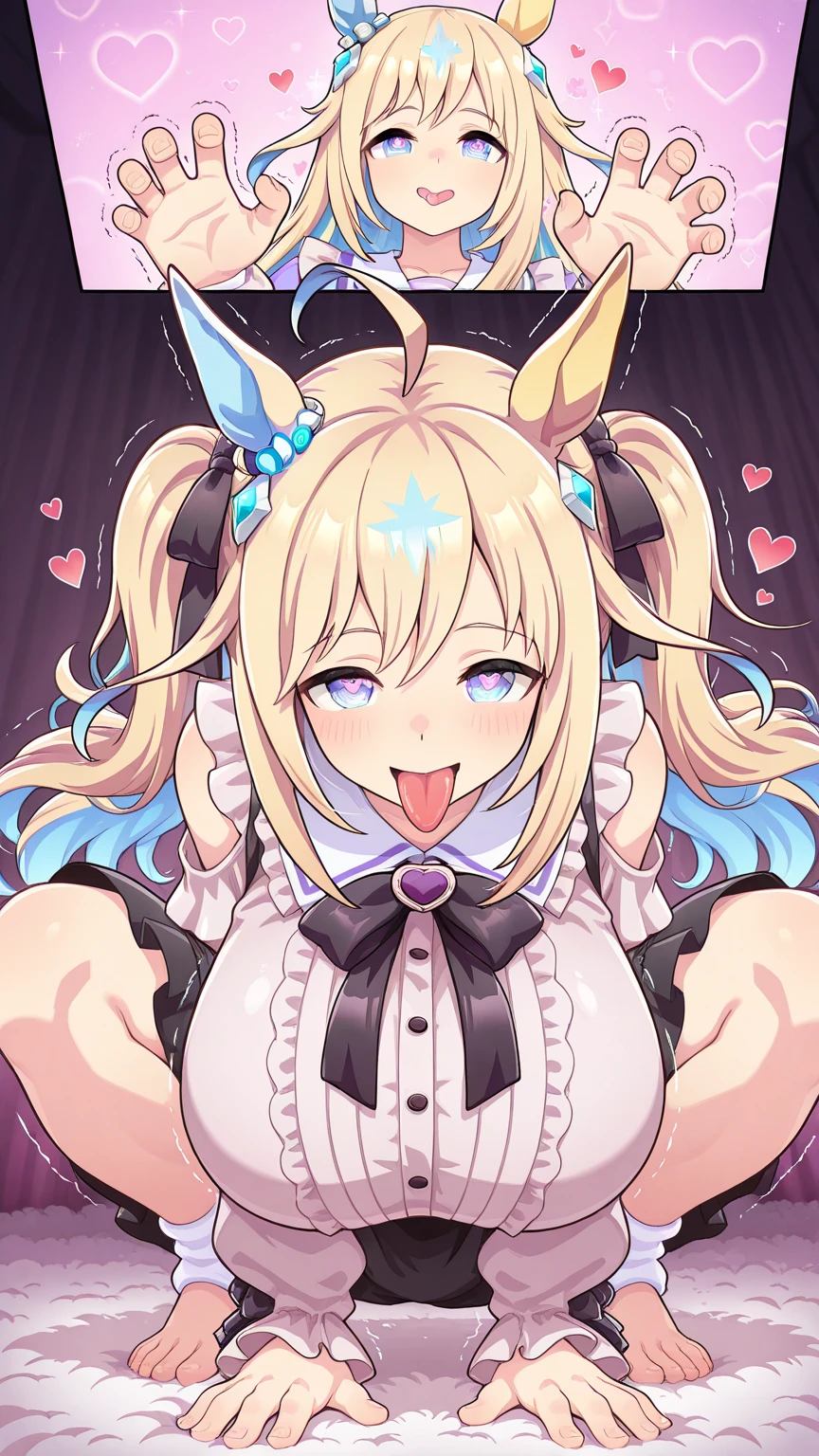 best quality, masterpiece, (absurdres), 1girl, solo, looking at viewer, smile, centaur, taur, centorea shianus, (brown fur:1.1), huge breasts, ascot, blonde hair, blue eyes (black skirt:1.3), white shirt, sleeveless, blush, open mouth, big mouth, tongue, tongue out, close up, saliva, uvula, uvula, room, mouth focus, excessive saliva,
