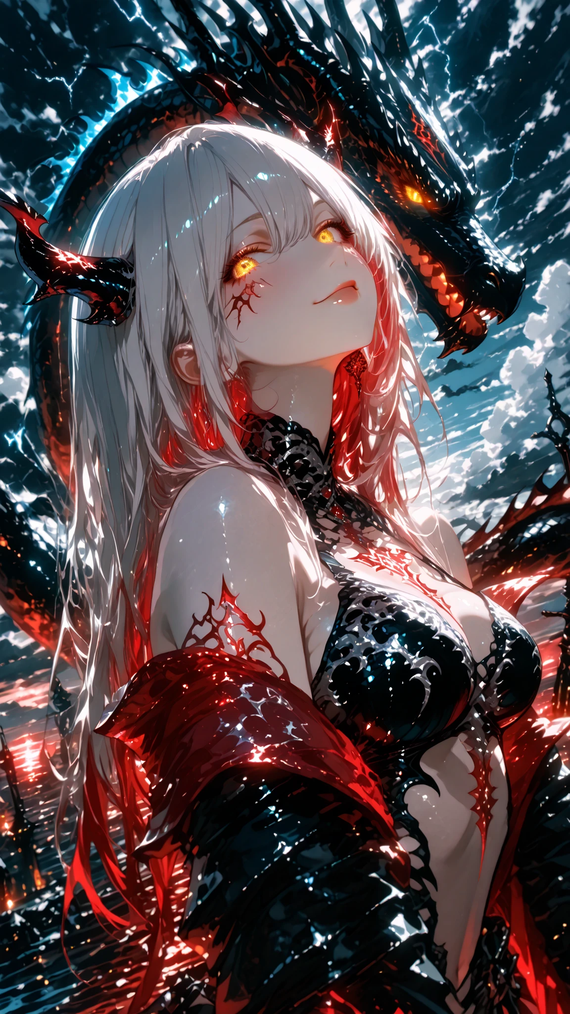 A dark, high-angle (diagonal overhead) fantasy scene featuring a beautiful young girl as the heir to the Dragonblood. She wears a seductive black bikini armor with ornate red and silver accents, her pale skin glowing softly in the storm-lit darkness. She has long flowing silver hair, glowing golden eyes, and small black dragon horns growing from her head. Her pose is confident and alluring, her expression rich and emotionally nuanced — eyes half-lidded, lips slightly parted, as if tempting the viewer with a mysterious, seductive smile. She holds a glowing dragon-shaped relic close to her chest. Below her coils a massive jet-black dragon with red runes, surrounded by swirling dark clouds and black lightning crackling through the sky. Gothic fantasy, ultra-detailed, anime-style, dynamic composition, dramatic lighting, high contrast, 4K, masterpiece, alluring atmosphere.