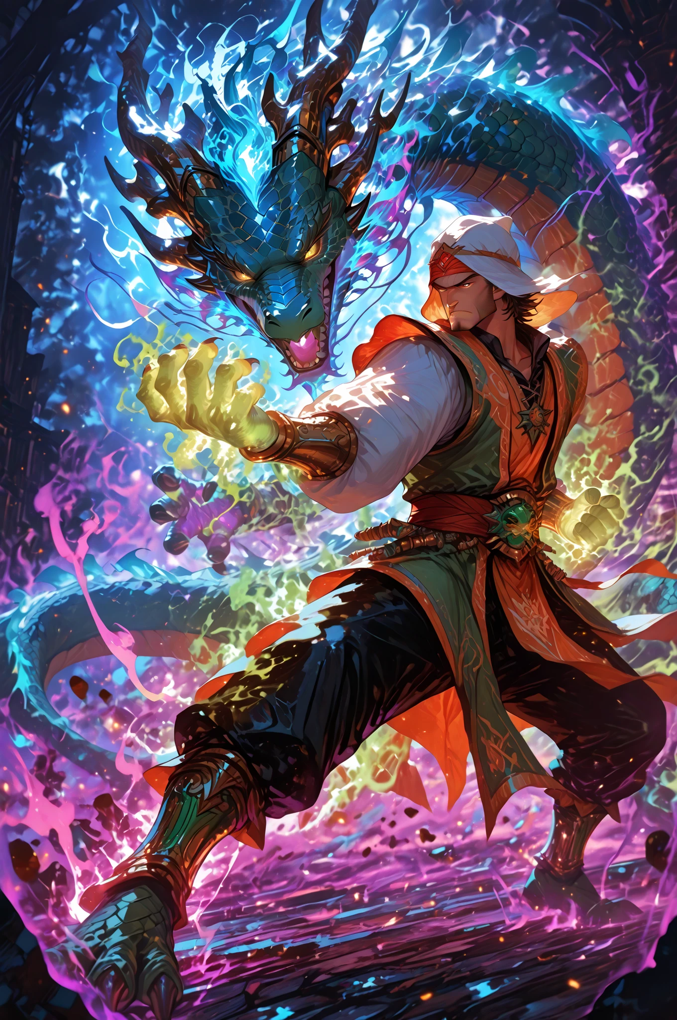 An epic clash between divine beings. The sky showcases extravagant shades of violet, pink, and gold against the backdrop of stars and galaxies. One fierce deity, an East Asian male with burning eyes and white attire, summons lightning, illuminating the battlefield. The other entity, a Middle Eastern female exhibiting serene calm, clad in a flowing green robe, wields a tome radiating ethereal light. Above, cosmic dragons twist and coil, their scales shimmering with stardust as they roar in anticipation. Below, an earth transformed by the battle displays crumbled mountains, roaring oceans, and forests set alight.