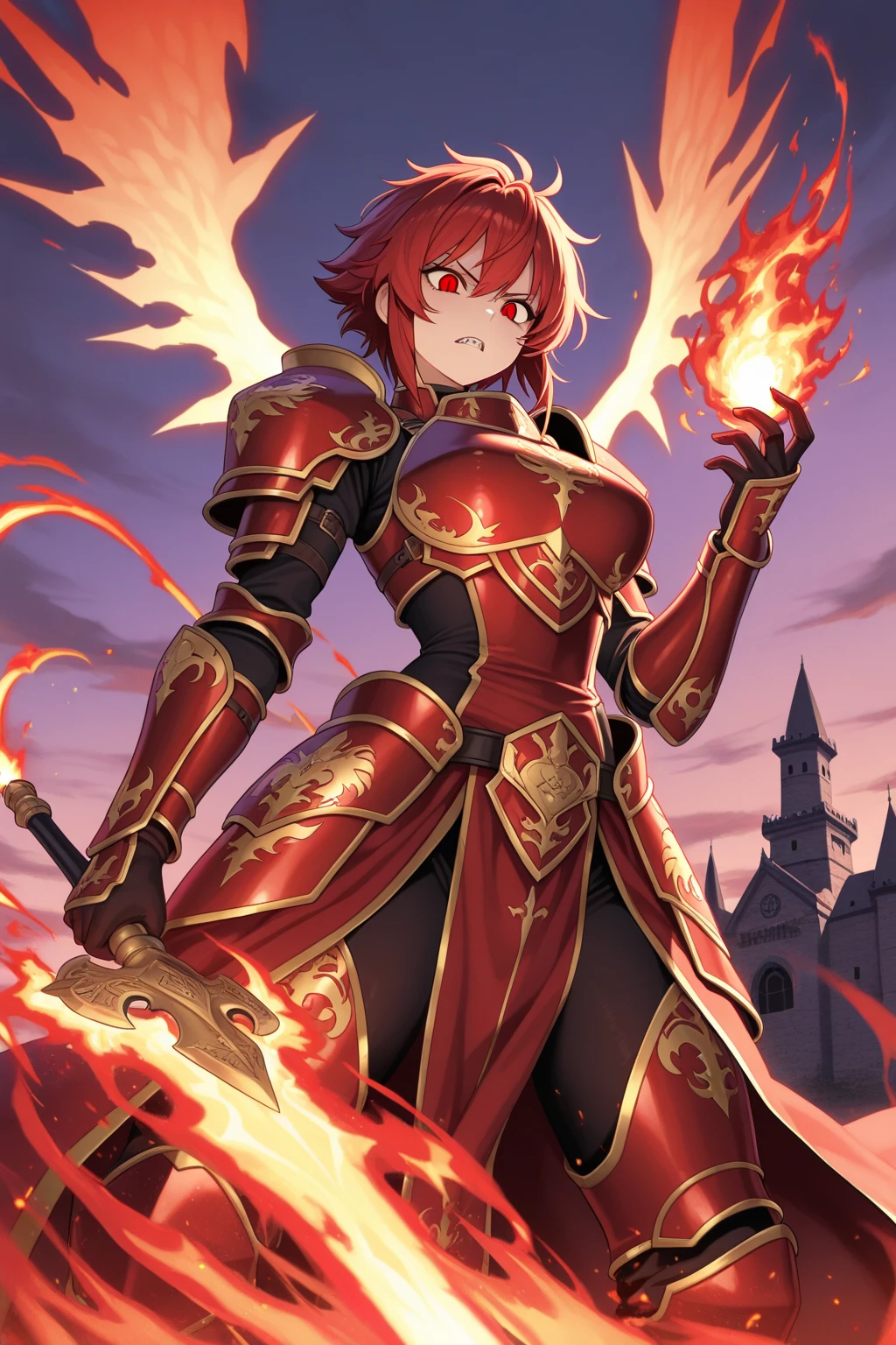 a mystical warrior woman with short red hair, piercing blue eyes, and red dragon-like horns, wings, and tail, wearing intricate purple armor with gold plating, wielding a flaming sword and emanating powerful fire magic, with a confident smirk on her face