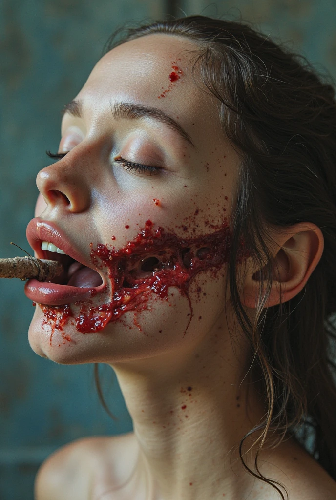 An image of a zombie witch with a creepy face, wide numb eyes, scary open mouth, big sharp teeth with dripping blood and an occult tattoo on the neck, inspired by Junji Ito, junji ito style, art style of junji ito, in style of junji ito, ito junji art, style of junji ito, subtle junji ito, kaethe butcher, inspired by Hannah Frank, fleshy - cyborg - zombie