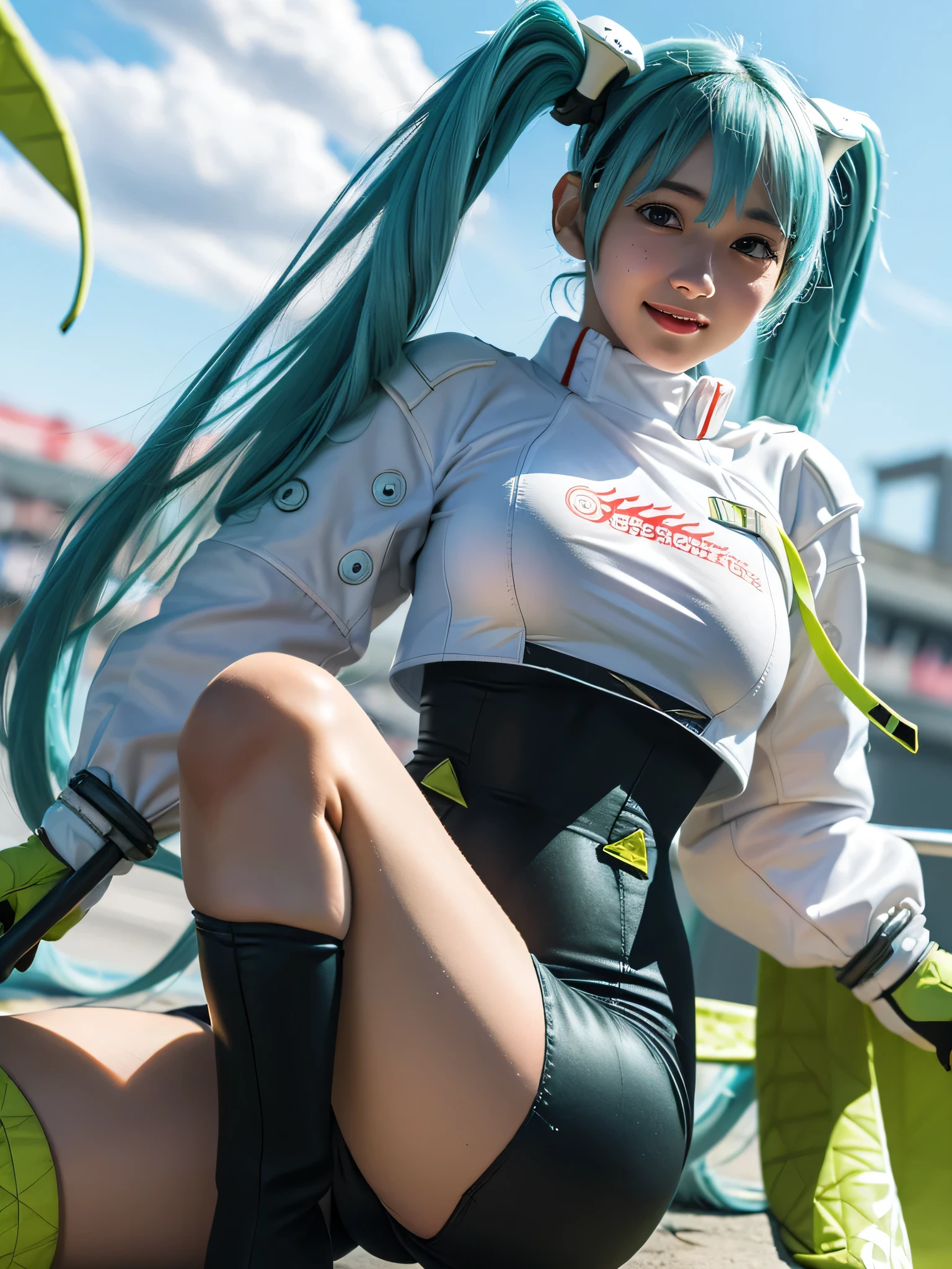 Female character with Slavic appearance. Dressed in a sexy white suit with light green stitching and patterns on the clothing... Stands against the backdrop of an ultra-modern city in a sexy pose...