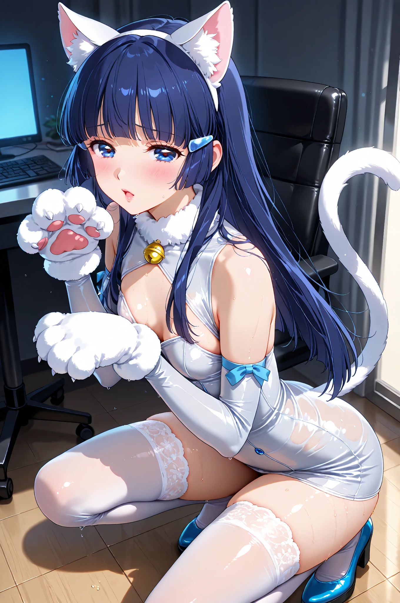 Close-up of a woman in a white blouse sitting on a chair, Gorgeous Young Korean Woman, White clothes are very transparent, Chest visible Dark blue hair girl, Cat ears and tail, Wearing a tank top and racing pants. Loli body type Twin tails Female genitalia is visible Detailed depiction of female genitalia Flat Chest Stern expression With legs apart