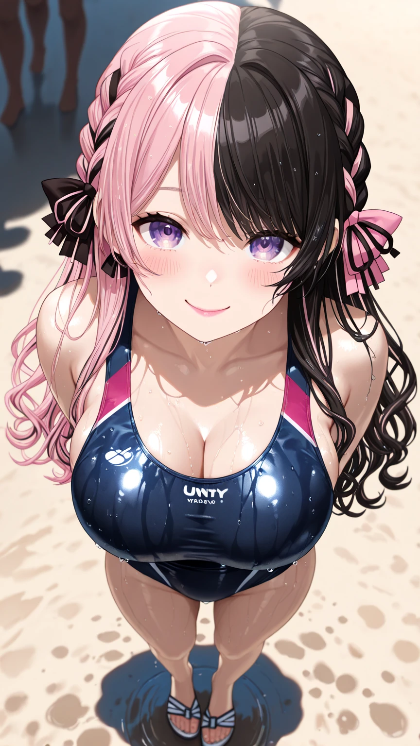 Best Quality, masutepiece, (hiten1:0.7), 1girl in, Selfie, (close-up), Face Focus, reflection, Detailed eyes, Head tilt, (claw pose), Naughty smile, 鎖骨, bikini top only, medium breasts, cleavage