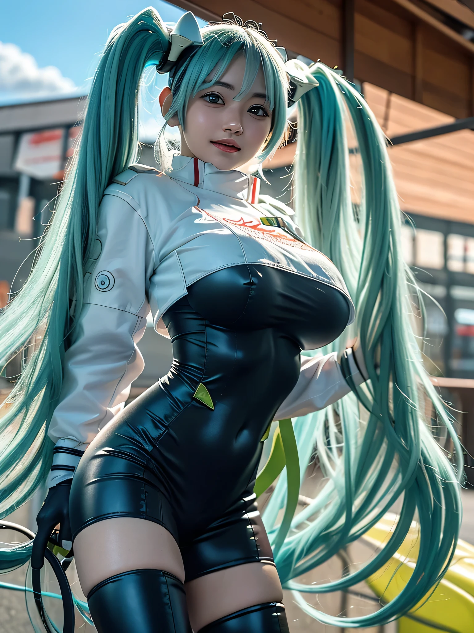 Top Quality, Ultra High Resolution, (Photorealistic: 1.4), (Pink Long Hair: 1.3), (Azure Lane\), One Girl, (Kpop Idol), Watch Audience, Detailed Face, Contrappost, Smooth Skin, Perfect Anatomy Professional Lighting, Futuristic Fashion, Streetwear, High-Tech Fabric, Racing Suit, Fireproof Material, Elbow and knee pads, racing gloves, personalized embroidery, mini skirt, belly button, long hair, emerald green hair, light blue hair, blue-green hair, Suzuka circuit, circuit home straight, race track, international circuit, supergt, big breasts, big, race queen, side tail