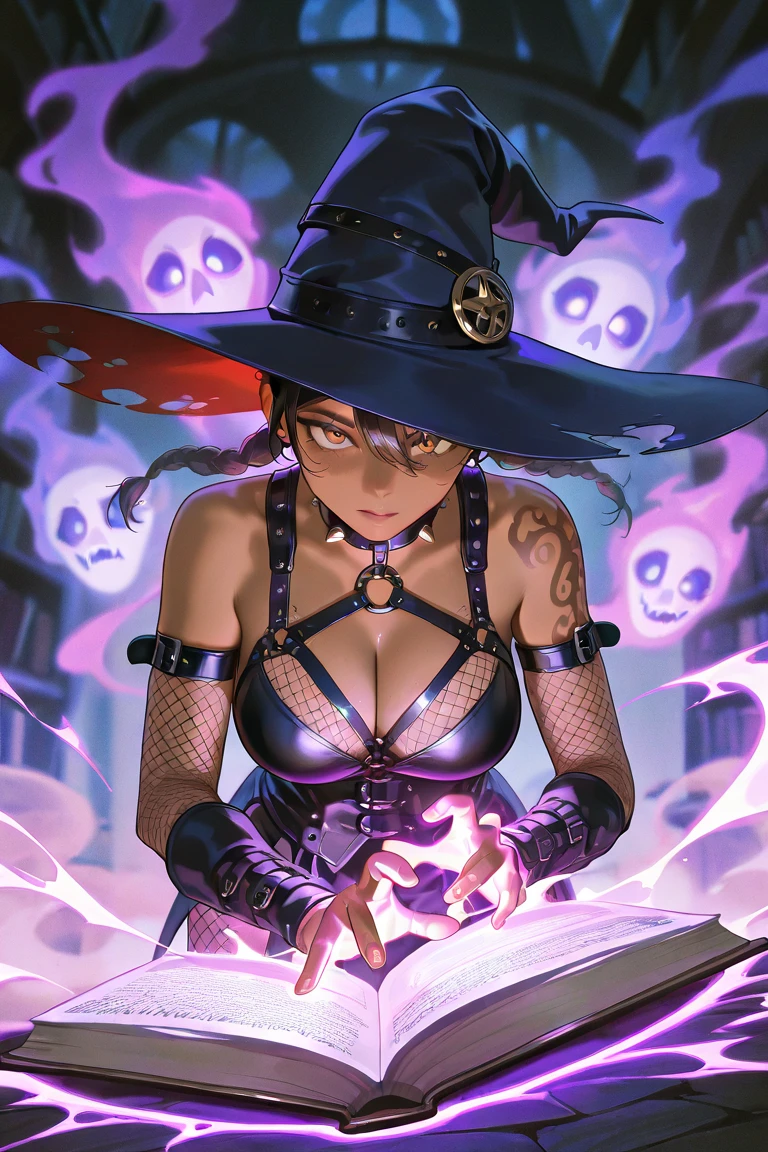 ((best quality)), ((masterpiece)), (detailed), adult, dark skin,elf, (chubby), large hips, alchemist, working, workshop, potions, grimoires, spellbook, good proportions, embarrassed, worried, seeks to create a new potion, clothes of witches, Split dress, fishnet stockings, garter, heel shoes, strapless, belt, vials around waist, witch hat, (wide shot), (perfect face), candles, full moon, skeleton skull, mushrooms, plants, cauldron in fire place, night, owl, spider web, in her old laboratory, deep in the woods,