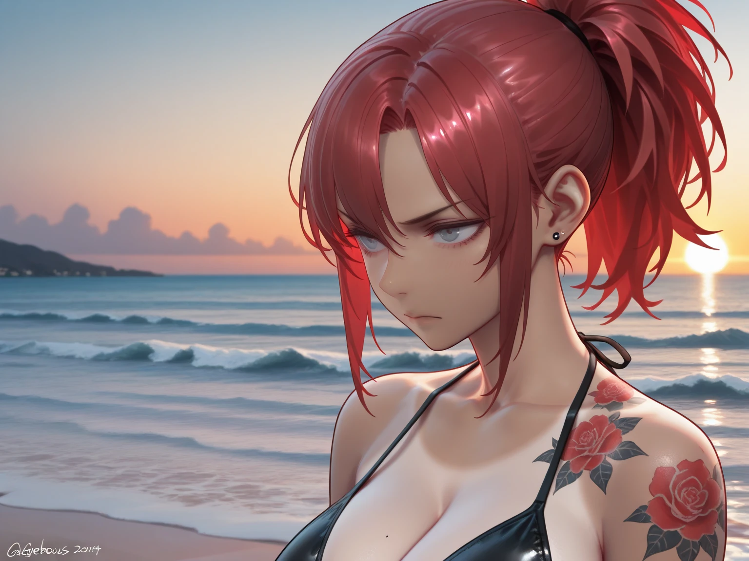 Masterpiece ,best quality , high resolution , ultra detail , colorful , soft light , mild light , sunlight , shinny , (perfect fingers , Detailed fingers, perfect hands) , (1 girl solo:1.38) , (Misato katsuragi) , (black eyes, ponytail , purple hair, medium_long_hair, make up, necklace, tall, slim body) , (wear bikini , red jacket , strapless , head tilt) , (cleavage:1.15) , (big breast:1.1) , (outdoor, firework , on neach , sea , ocean ,  night , moonlight , romance light) , (standing cowboy shot) , ( full face blush , shy , smile , open mouth) , (back view , from nehind , head back , looking view)