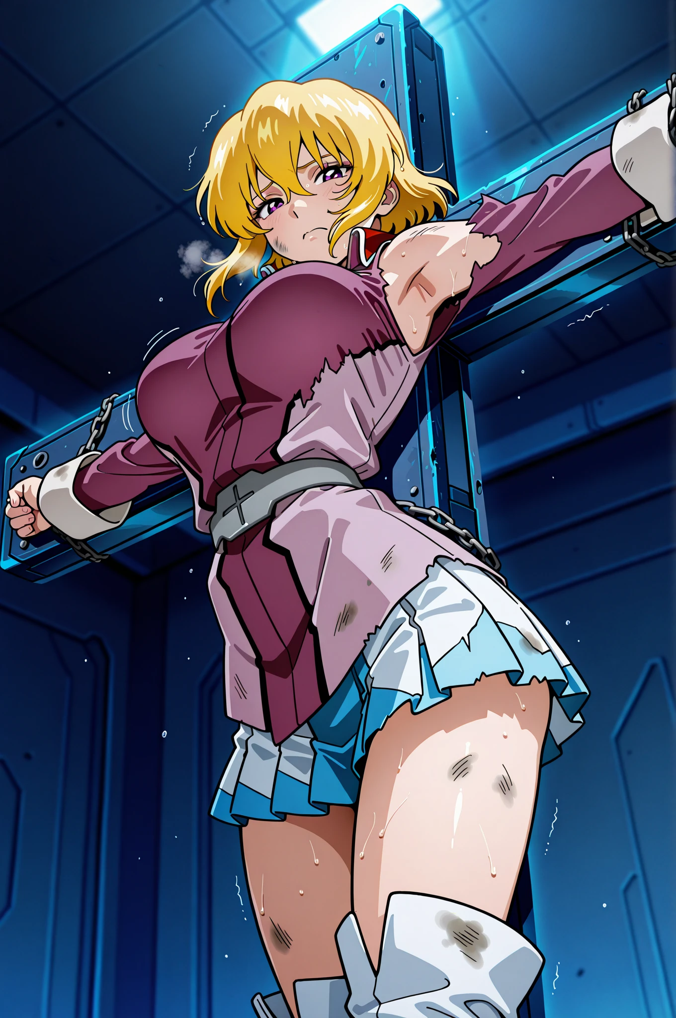 1girl, superhero, leotard, bare legs, boots, standing, solo focus, tight belt, hands on hip, full body shot, mature lady, city backdrop, sleeveless, ultra highres, absurdres, beautiful face, detailed eyes, symmetric eyes、 Face full of scars、Skin shiny with sweat、 injured scared girl、 crying wet bursting out eyes, real tears streaming down face, ultra-detailed eyes,bandaid on face,covered with mud,expression of despair,Illumination that emphasizes shiny sweat{{{Spread }}},(?????? rope walking:1.0)