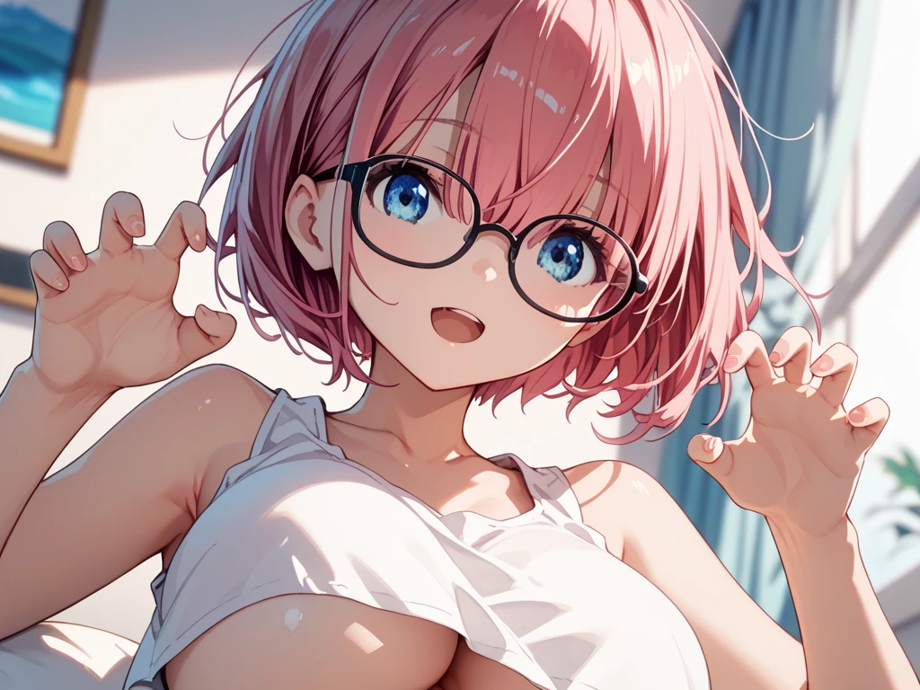 blush, SMILEglowing aura, natural light, Masterpiece,  shiny skin, juicy lips , ,sexy, hot, , neckline, devil,juicy lips, bimbo, Hourglass, by rubio,  wide open eyes, green eyes, massive , dark lighting, wide, pink bow, bow in her hair, gold round glasses, sandy by rubio, bimbo, beautiful,  devil SMILE, no hair on forehead, without fringes, from below, juicy lips, vapor, using towel, bathroom,.SMILE, blushing, from below, wet hair
