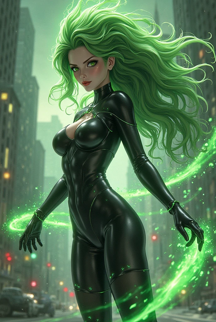 Photo oF 47 years old European woman, CRU, beautiFul woman, (green hair with extra long wavy), ((portraite)), (Detailed Face: 1.2)), (Detailed Facial Features)), (greeneyes) (thin skin), pale skin, high detail and deep cleavage body conhasmat suit, Fine body, megacity environment, (cold color), humida, moist, reFlection, (work of art) ( PerFect proportions) (Realistic Photos) (highest quallity) (detail) Shot with Canon EOS R5, 50 mm lens, F/2.8, HDR, (8k) (wall-paper) (film lighting) (dramatic lighting) (sharp Focus) (Complex) Fashion