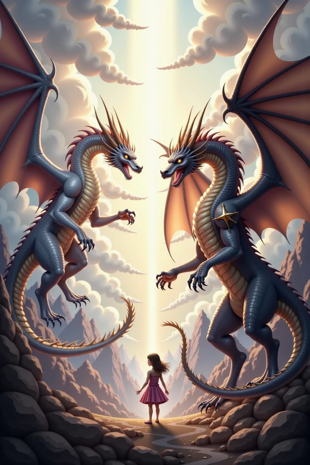 Huge female dragoness rubs her talons to a tiny man