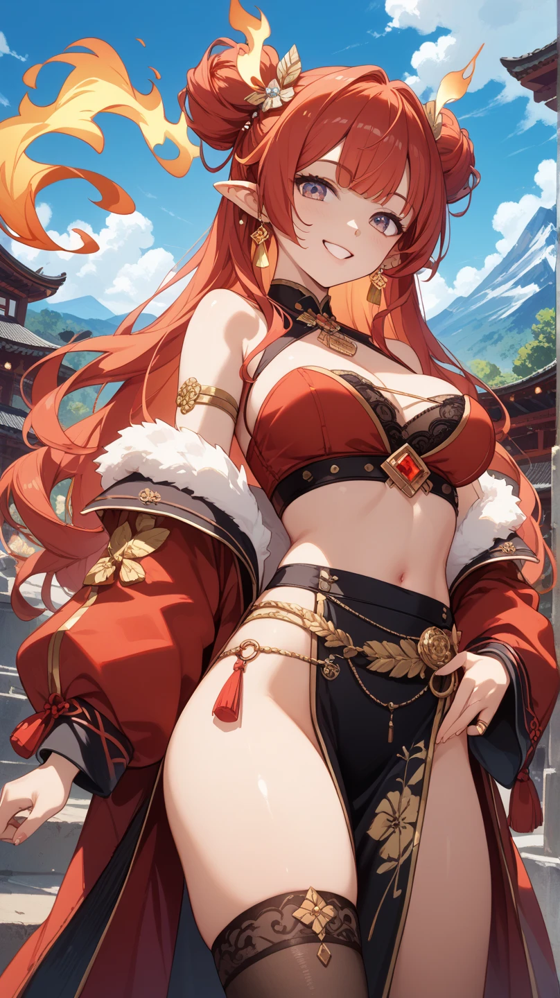 anime, 1girl, beautiful woman with red-orange hair with crimson highlights, Gypsy Shag Cut, outlandishly sexy costume design, full body, on an cheerful, pristine airship, (asian:1.3), vibrant colors