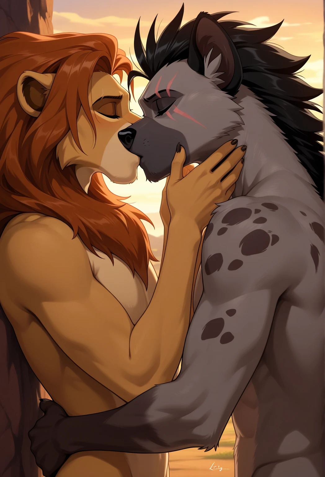 19 year old boy with moderately developed pecs and biceps passionately kissing white furry wolf (cartoon style)
