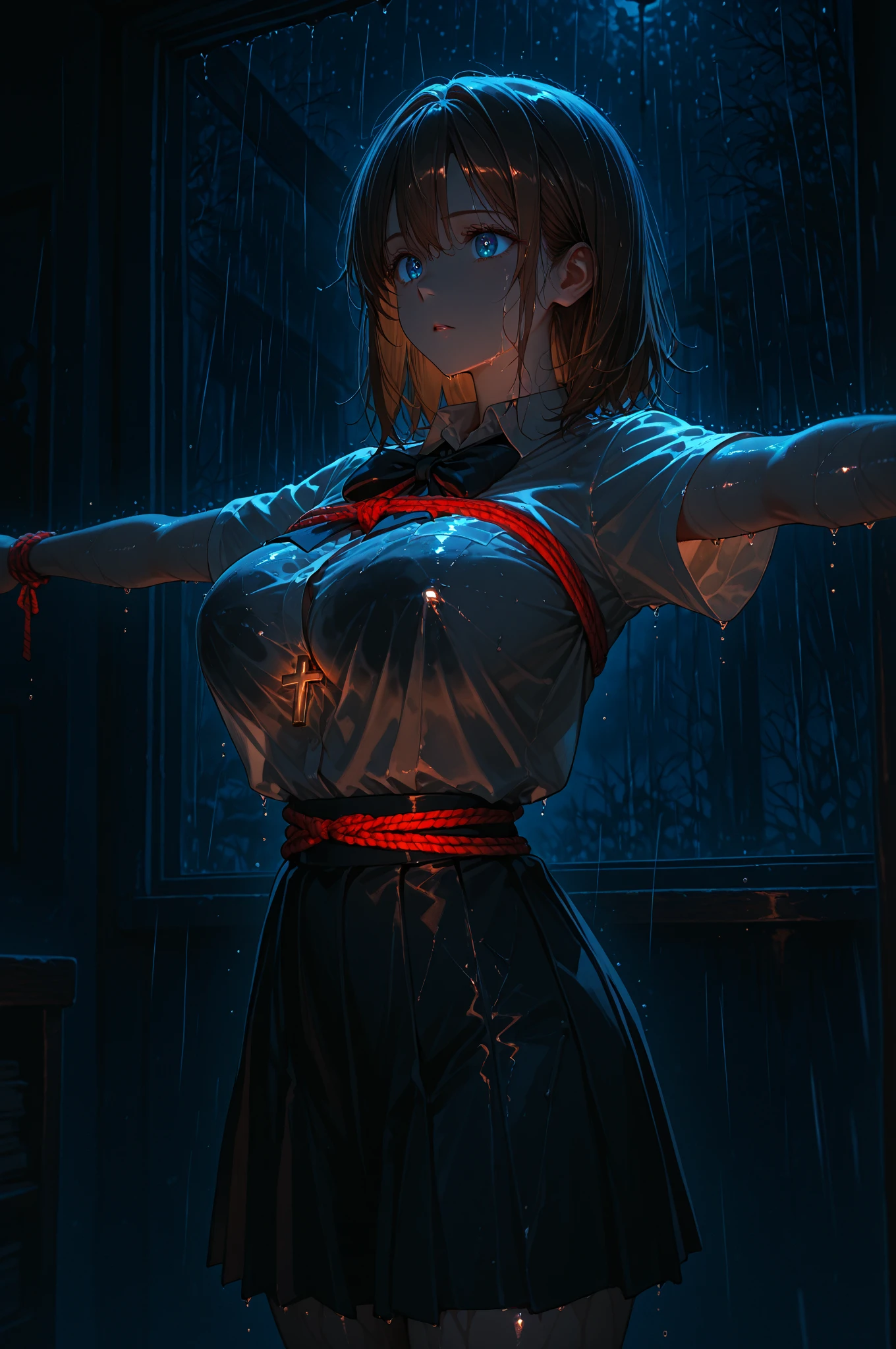 (((Perfect Anatomy, Anatomically correct, Very detailedな肌))), 1 girl, Japanese, high school girl, Shiny skin,
Beautiful Hair, Beautiful Face, Beautiful fine details, (short hair:1.1, Bobcut:1.2), Dark blonde hair:1, blue eyes, Baby Face, Mole under the eye,
Beautiful clavicle, Beautiful body, Beautiful breasts, Large Breasts:0.5, Beautiful thighs, Beautiful feet,
((Short sleeve, Dirty navy sailor suit, Navy Pleated Skirt, Navy sailor collar, Blue Sailor Scarf, socks, Brown Loafers)), Exposed panties, Captivating thighs, ,
((be humiliated, Embarrassing, Drooling, Open your mouth)), ((squat, Spread your legs, Raise your hands, Chained hands, Trembling)),
(Beautiful views), building, 8k against the wall, highest quality, Masterpiece:1.2, Very detailed), (Realistic), Beautiful illustrations, Natural light, (((Incontinent))), (((Peeing))), (((Peeing on your own))), (Pee running down my legs), Pee stains