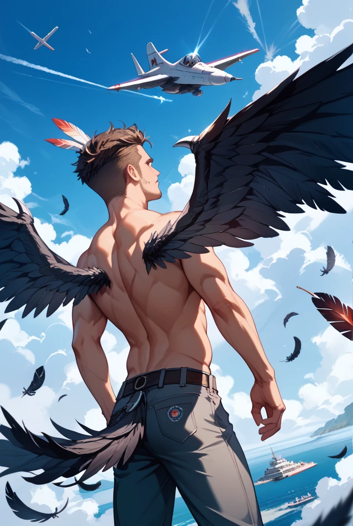 Young angel naughty man, just, Owl-like, with four black wings, Eyes red, just look, dark aura, naughty man