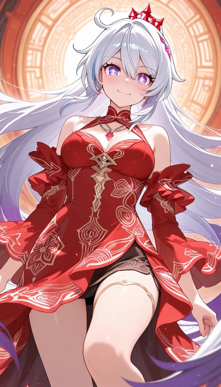 anime character with a very large breast posing on a red background, an anime drawing by Masamune Shirow, pixiv, arabesque, , oppai, loli in dress, royal elegant pose, shikamimi, thicc, white haired deity, seductive anime girl, ecchi, biomechanical oppai, loli