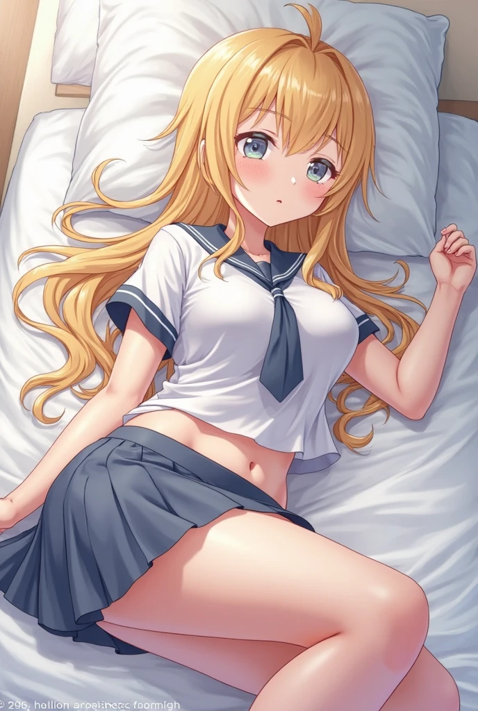 (masterpiece),(Highest quality),(Very detailed),(Best illustrations),(Best Shadow),(On a bed with white sheets),(so beautiful), kirino kousaka, Blonde, Long Hair, Hair Clip, Green Eyes, bangs, Schoolgirl uniform,smile,whole body,Showing off,White wet panties,Short skirt、Detailed panties,Front Angle, 