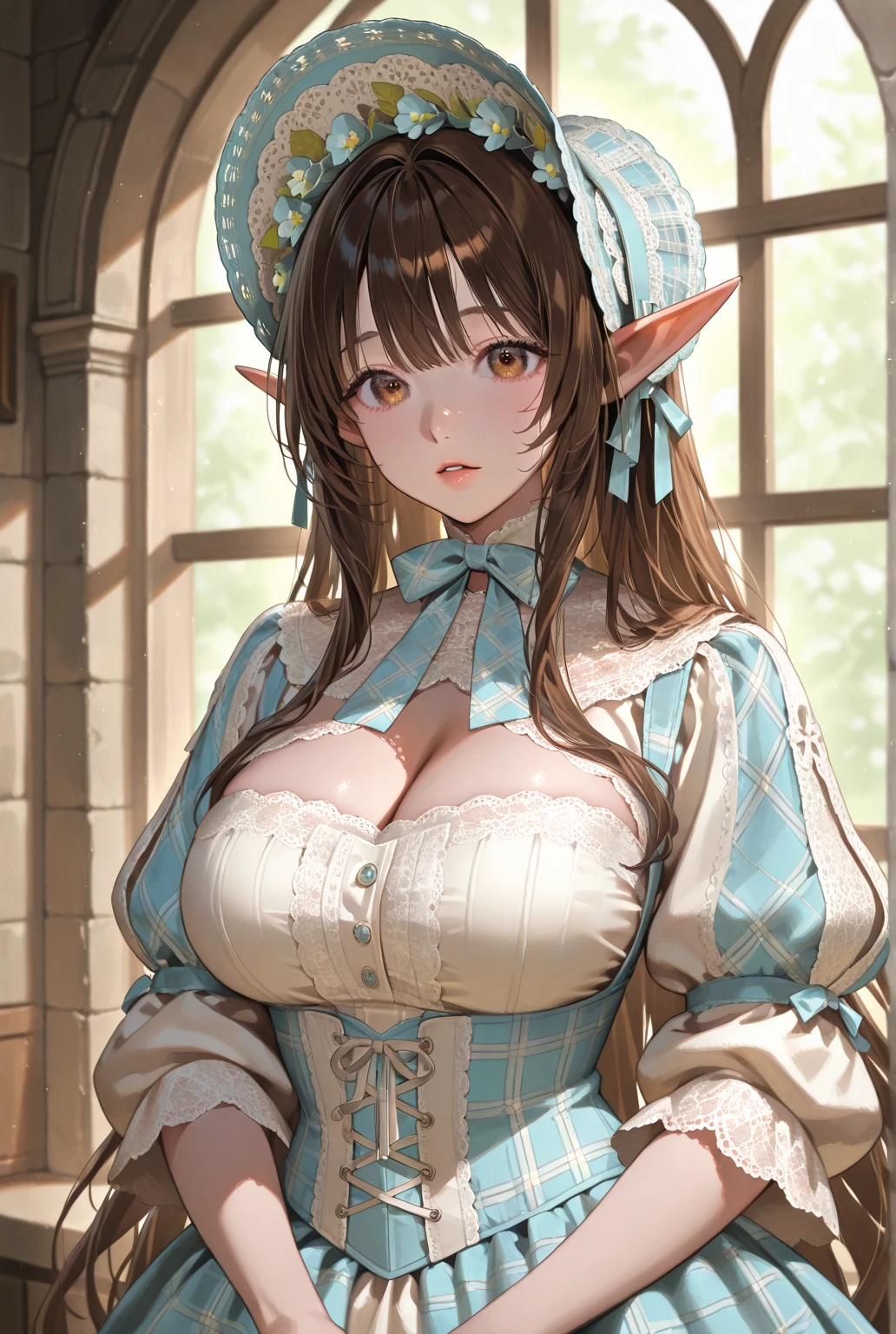 "((short steampunk corse)),((Mexicana peliroja, white skin)),((Twintail)),(1solo),(1 girl view),full_body, 1 girl view,female, young, 17 years old, 70% nude, (long hair), ((red-light brown hair)), snowflakesdetailed cute anime face, ((pointy_ears, seductive pose, flirty with one eye closed)), (((medium_breasts, firm breasts))), (green-brown ligth eyes), random angle)":(all realistic intricate details)