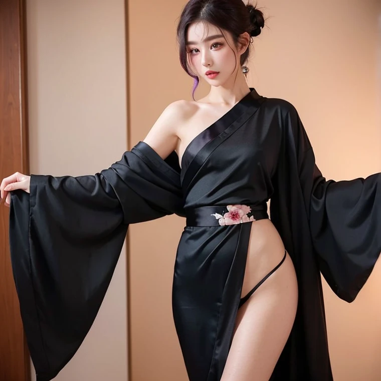 whole body:1.5),(1 girl:1.3),(show viewer:1.4),(correct anatomy:1.4),(beautiful long legs:1.3),(Standing 1.2),8k、backwards、Look back here、RAW photo、highest quality、There is a woman wearing a black dress taking a photo., wearing a black silk robe, wearing a dark silk robe, wearing a black robe, wearing a black silk robes, Close up half body shot, asian women, side view!, pose in the bedroom, Chinese female, Black-haired Sui Ishida, elegant japanese woman, korean woman,