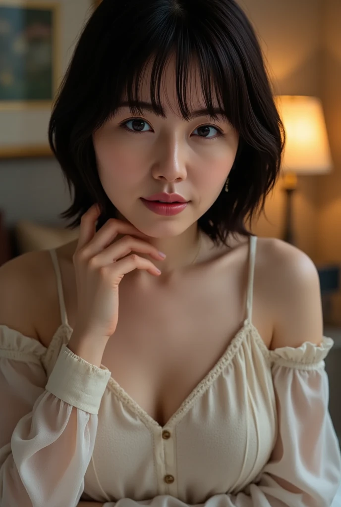 (Highest quality, 8k, 32K, masterpiece, Ultra-high resolution:1.2), Beautiful Japanese Women Photo, Black short hair, natural beauty, (Leaning forward:1.3), (close:1.4), indoors, Look at audience, facial expressions amused, smug; provocative, Loose fitting T-shirt, cleavage, Blurred Background