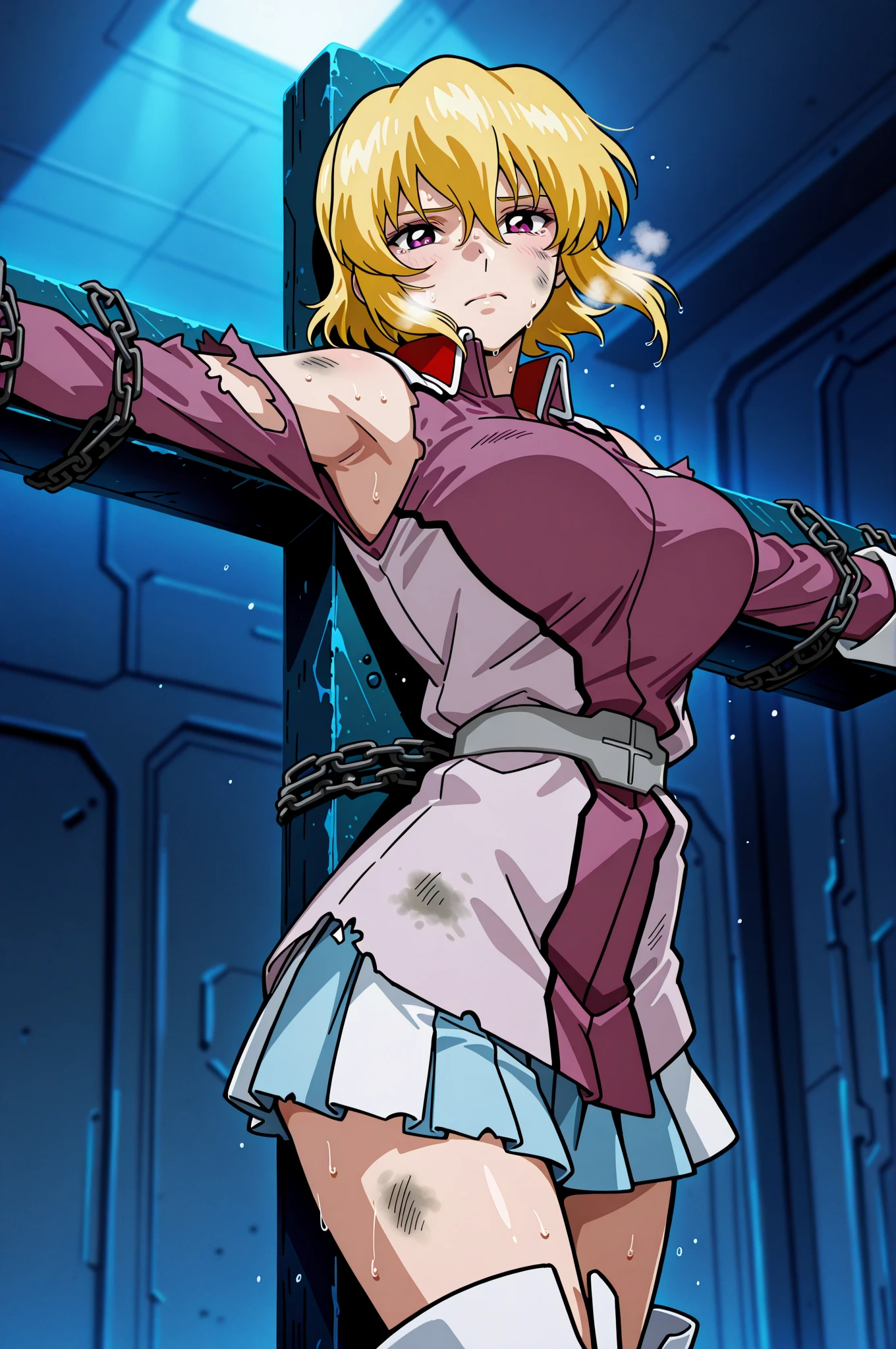 Masterpiece, Best Quality, Highly detailed, illustration, absurdres, fate grand order, nun, 1girl, solo, expressionless, blank eyes, looking at viewer, red gloves, emotionless, black latex, corrution, mind control, female combatant, full body, hypnotized, standing, standing at attention, unhappy trance, full body suit, leotard, eagle emblem, belt, brown hair, gold eyes, menjou hare, guilty crown