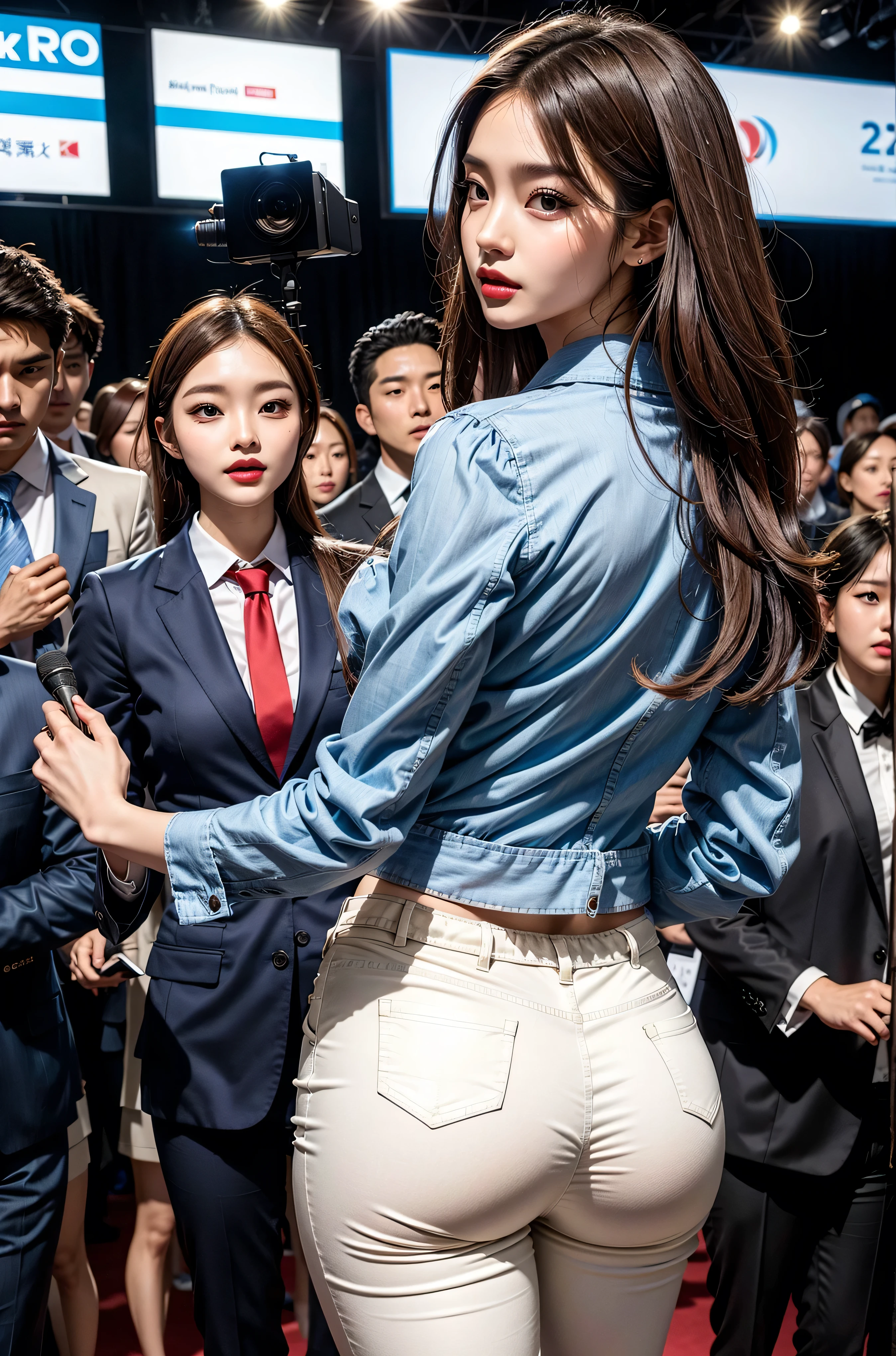 (8K,best quality,masterpiece,Practical,Very detailed:1.3),(2 girls,Beautiful Korean girl, Korean Idol),(Black Blazer:1.2),(White leggings:1.1),(Serious expression:1.2)discuss,(speech,Handheld Microphone:1.2)(crowd,audience:1.3),Sexy long legs, (Thigh gap:1.5),Wide hips,S-Shaped Body, Hip lift,,Black Hair,(Ass Focus:1.1)Shot from behind