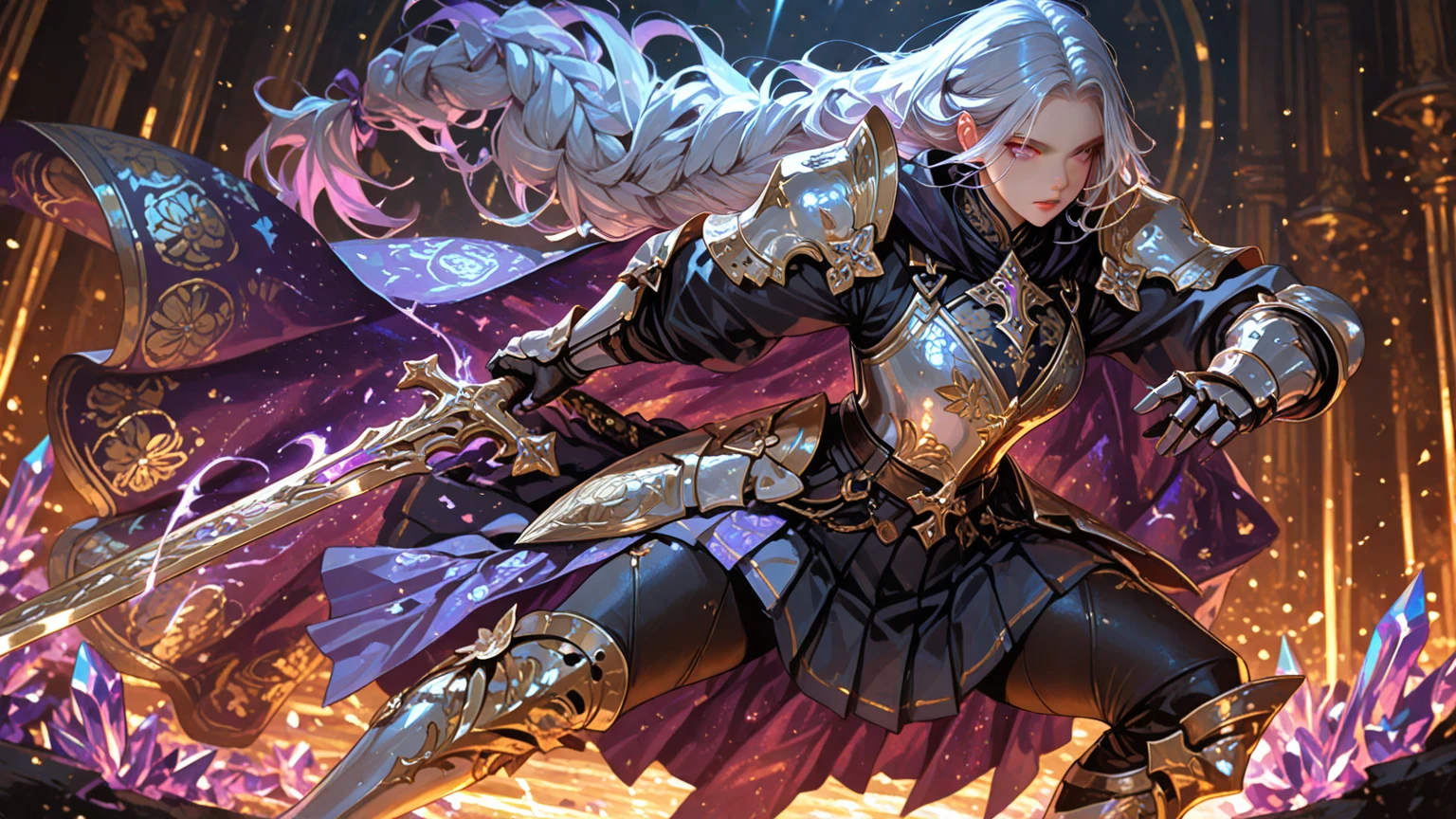 Warrior witch, (((masterpiece))), (((best quality))), ((8k)), ((ultradated)), (1 dark-skinned human woman: 1.2), (white hair 1.3) , (((Heterochromia, in the eyes, red and yellow: 1.2))),(((Official art, masterpiece, ultra-detailed))), (((best quality: 1.2, intricate details, ultra-high resolution: 1.2))), full body, model photo, latex costume, combat, Fantasy Art, (Fantasyart), magic dress, black, custom style, witch photo, starry sky, moon, cinematic shot, natural light, light particles,
