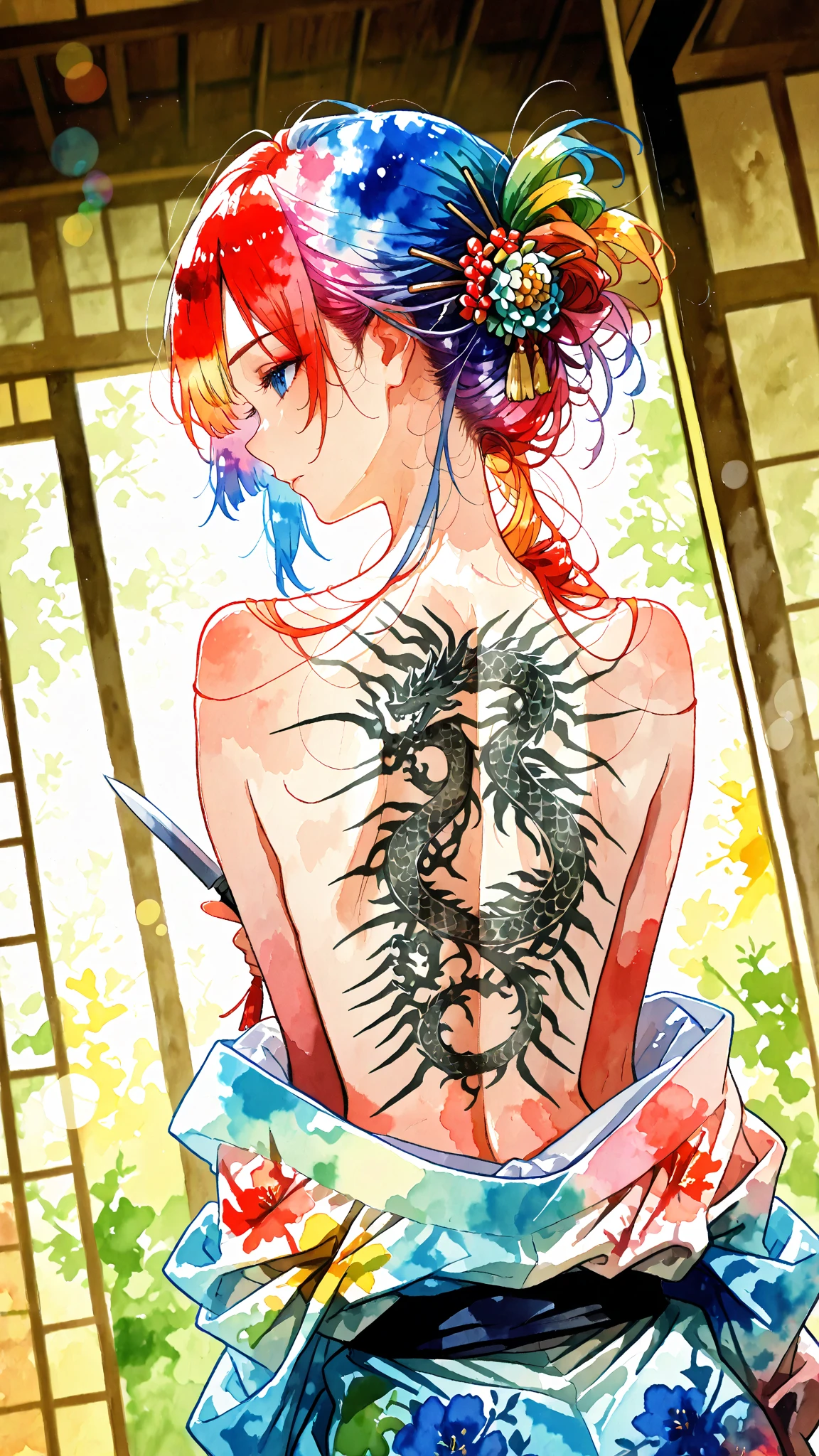1 girl, back tattoo,<lora:BackTattoo:1>, <lora:Honolulu-0000V2:0.6>