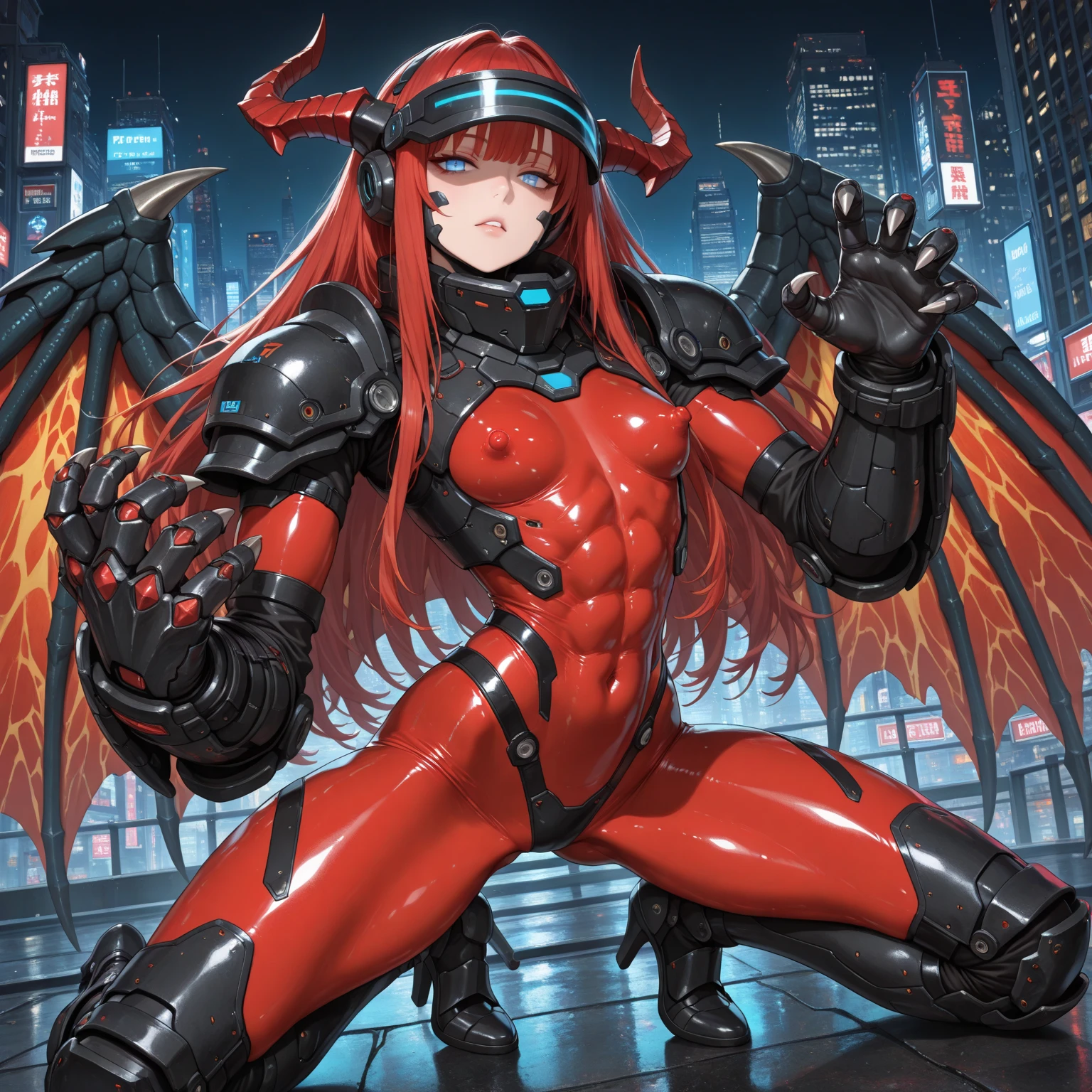 (Cyberpunk Demon waifu), (high resolution), (high res), great quality, mature, very angry face, long fangs, diamond face, perfect eyes, (demon tail), (wings), strong shadows, (neon light), neon, detailed face, sparks, city background, night, (attacking), detailed abs, scars, shinying eyes, (war pose), long claws, (masterpiece), direct light, underlight, strong jaw, (large boobs), (Demonic queen), (armor), massive ass, thick thighs, long torso, wide waist, skinny torso, fit, perfect face, (skimpy armor), (colorful vibrant light), futuristic, sexy, (blushing), (hot and bothered)