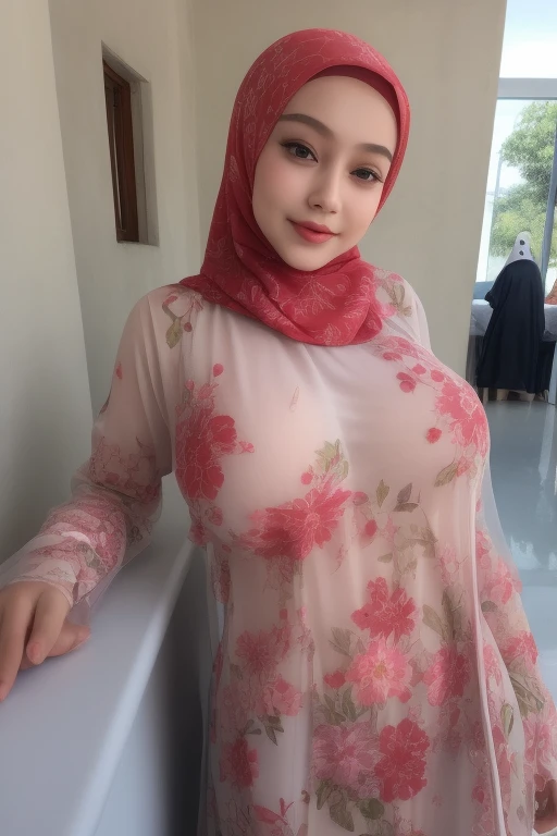adorable, 1 girl, (face to face), 10 years old, baby face, happy, half body portrait, (face details: 1), (eye details: 1), ((big breasts)). wearing white long shirt, hijab, .. Cute posed. proportional body. Ultra High Res. realistic: 1.4, UHD